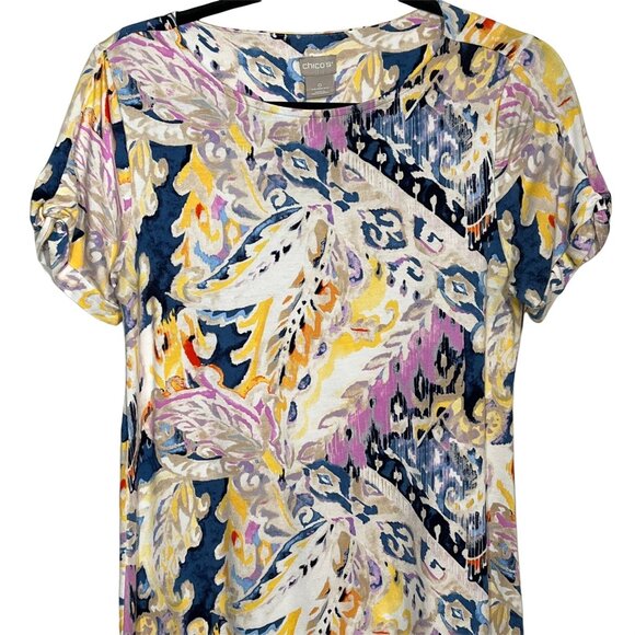 Chicos Abstract Paisley Dress Small Blue Yellow Short Sleeve Stretch - Picture 2 of 11